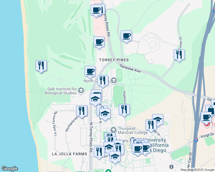 map of restaurants, bars, coffee shops, grocery stores, and more near 2 Scholars Drive North in San Diego