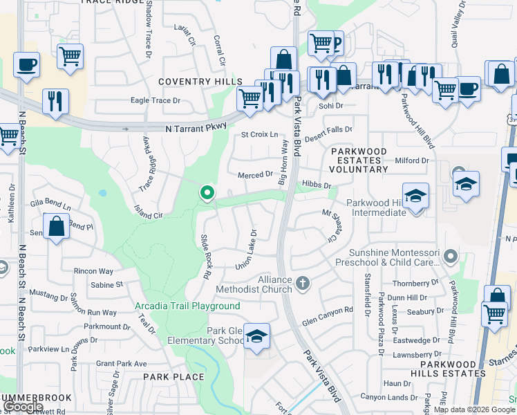 map of restaurants, bars, coffee shops, grocery stores, and more near 5000 Ash River Road in Fort Worth
