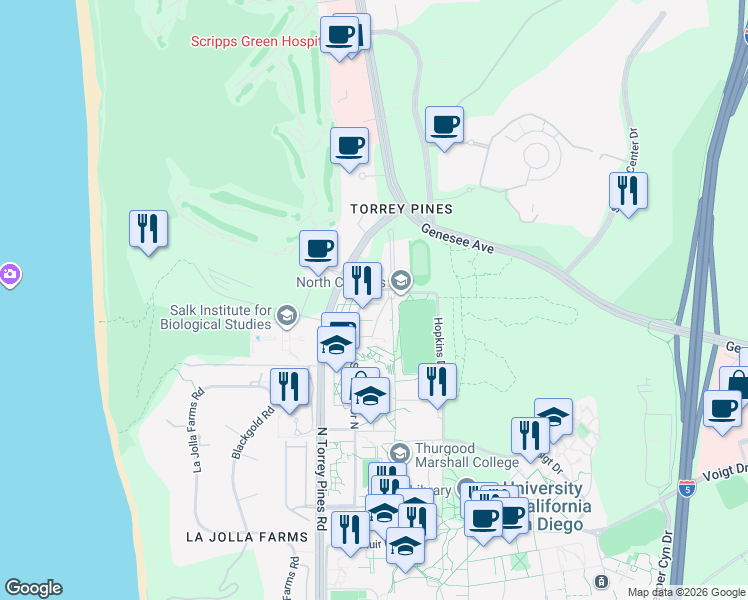 map of restaurants, bars, coffee shops, grocery stores, and more near 2 John Jay Hopkins Drive in San Diego