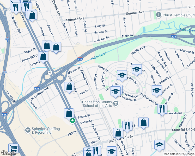 map of restaurants, bars, coffee shops, grocery stores, and more near 5160 Monterey Street in North Charleston