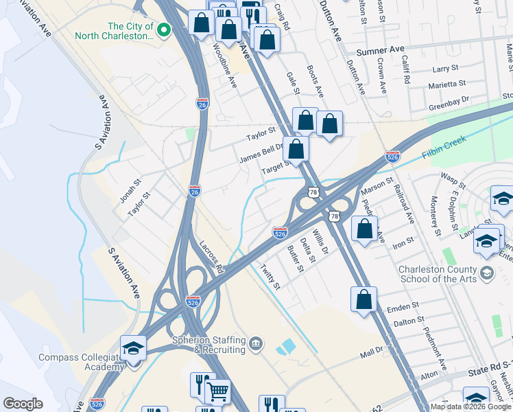 map of restaurants, bars, coffee shops, grocery stores, and more near 5228 April Avenue in North Charleston