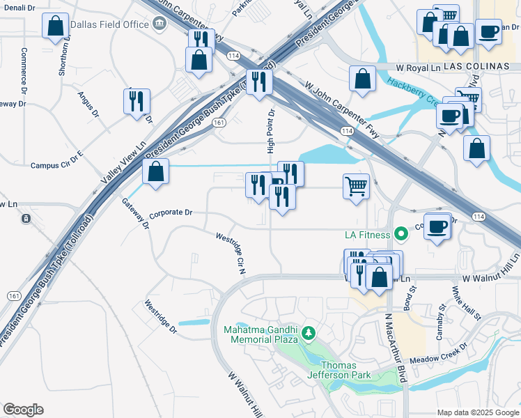 map of restaurants, bars, coffee shops, grocery stores, and more near 5615 High Point Drive in Irving