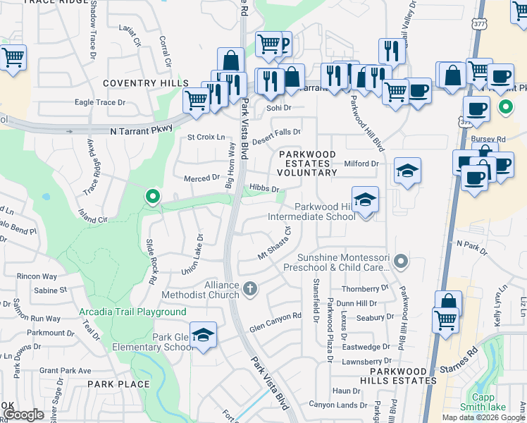 map of restaurants, bars, coffee shops, grocery stores, and more near 5313 Lake Mead Trail in Fort Worth