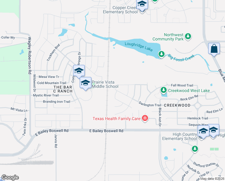 map of restaurants, bars, coffee shops, grocery stores, and more near 113 Mossy Oak Trail in Fort Worth