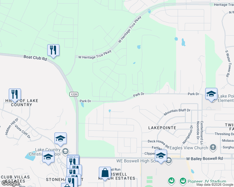 map of restaurants, bars, coffee shops, grocery stores, and more near 9604 Park Drive in Fort Worth