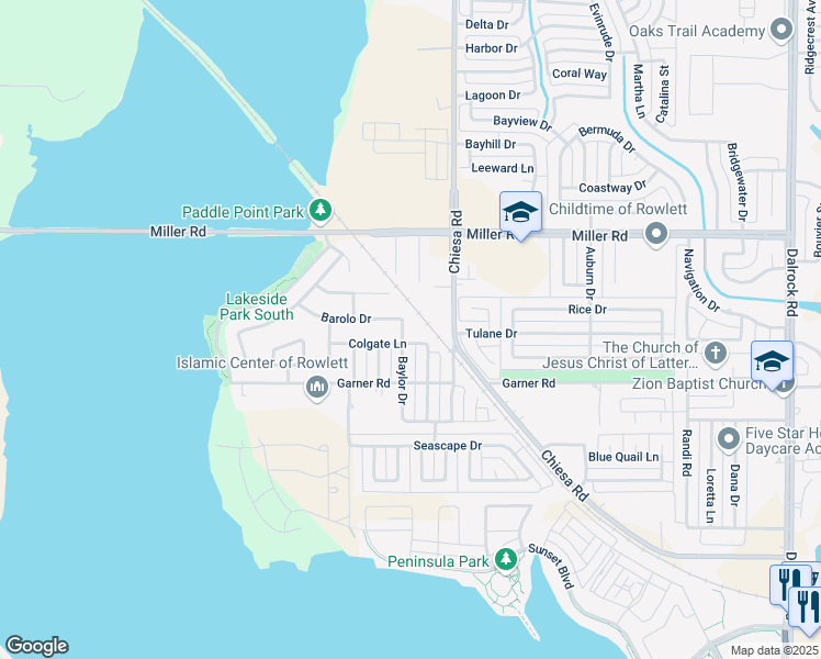 map of restaurants, bars, coffee shops, grocery stores, and more near 2902 Baylor Drive in Rowlett