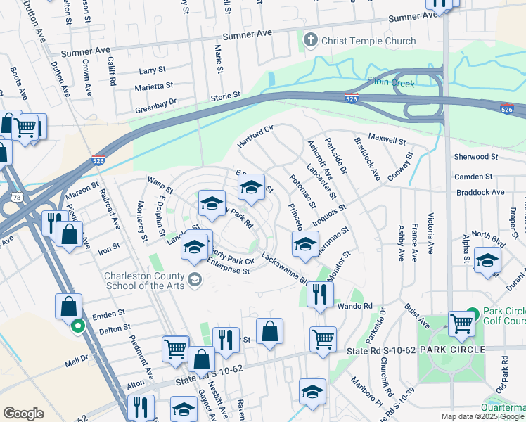 map of restaurants, bars, coffee shops, grocery stores, and more near 5206 Celtic Drive in North Charleston