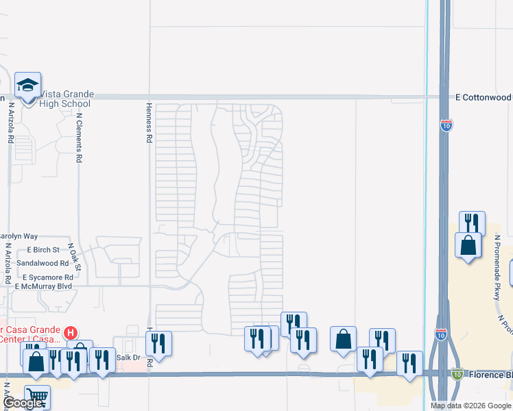 map of restaurants, bars, coffee shops, grocery stores, and more near Cole Circle in Casa Grande