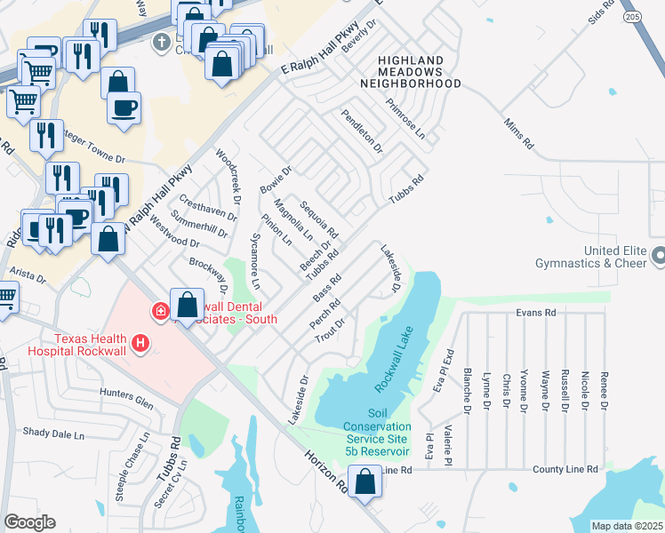 map of restaurants, bars, coffee shops, grocery stores, and more near 545 Tubbs Road in Rockwall