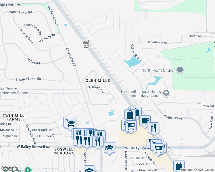 map of restaurants, bars, coffee shops, grocery stores, and more near 9124 Gristmill Court in Fort Worth