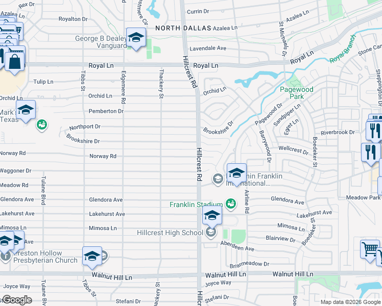 map of restaurants, bars, coffee shops, grocery stores, and more near 6822 Brookshire Drive in Dallas