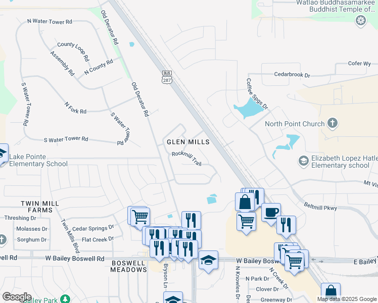 map of restaurants, bars, coffee shops, grocery stores, and more near 4524 Rockmill Trail in Fort Worth