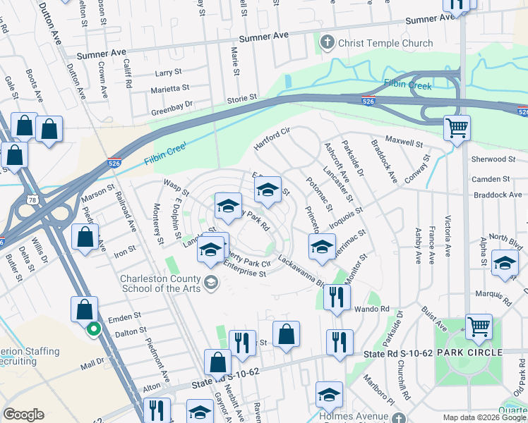 map of restaurants, bars, coffee shops, grocery stores, and more near 5170 East Liberty Park Circle in North Charleston