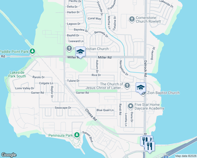 map of restaurants, bars, coffee shops, grocery stores, and more near 7804 Rice Drive in Rowlett