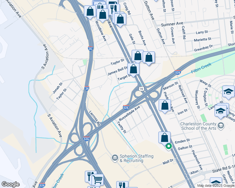 map of restaurants, bars, coffee shops, grocery stores, and more near 2163 Flora Street in North Charleston