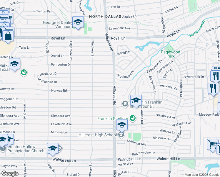 map of restaurants, bars, coffee shops, grocery stores, and more near 6822 Brookshire Drive in Dallas
