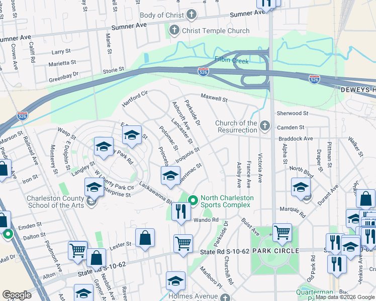 map of restaurants, bars, coffee shops, grocery stores, and more near 5101 Lancaster Street in North Charleston