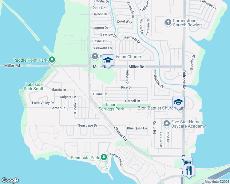 map of restaurants, bars, coffee shops, grocery stores, and more near 7616 Rice Drive in Rowlett