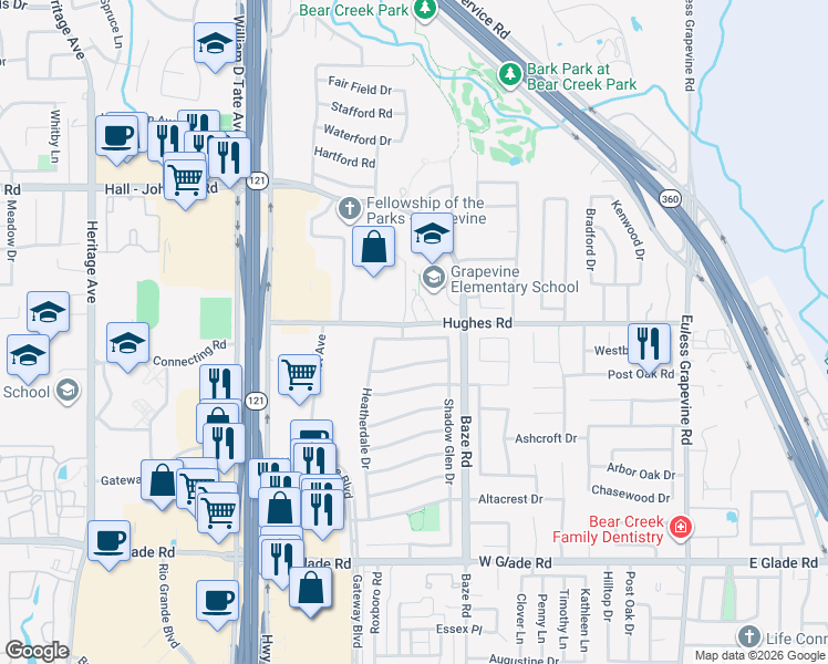 map of restaurants, bars, coffee shops, grocery stores, and more near 4452 Timber Crest Court in Grapevine