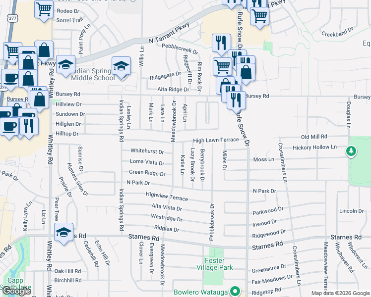 map of restaurants, bars, coffee shops, grocery stores, and more near 8033 Katie Lane in Watauga