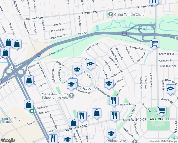 map of restaurants, bars, coffee shops, grocery stores, and more near 5174 East Liberty Park Circle in North Charleston