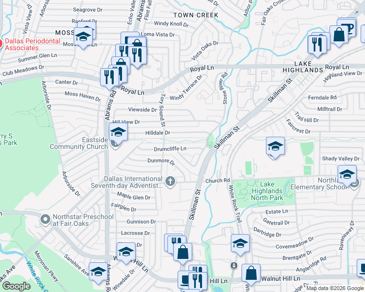 map of restaurants, bars, coffee shops, grocery stores, and more near 9135 Drumcliffe Lane in Dallas