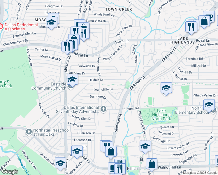 map of restaurants, bars, coffee shops, grocery stores, and more near 9135 Drumcliffe Lane in Dallas