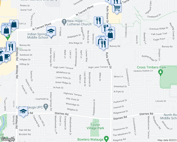 map of restaurants, bars, coffee shops, grocery stores, and more near 8033 Berrybrook Drive in Watauga