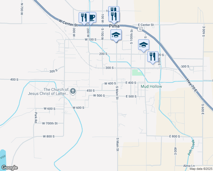 map of restaurants, bars, coffee shops, grocery stores, and more near 62 West 400 South in Pima