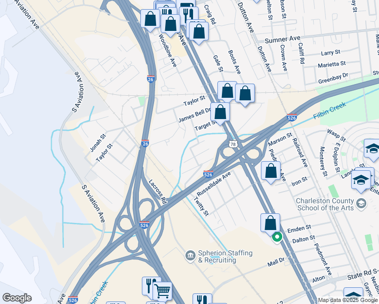 map of restaurants, bars, coffee shops, grocery stores, and more near 5228 April Avenue in North Charleston