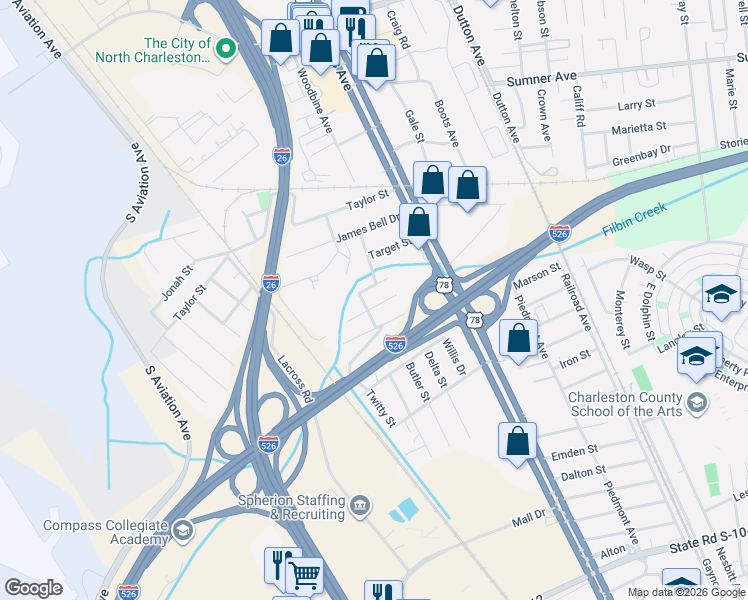 map of restaurants, bars, coffee shops, grocery stores, and more near 2163 Flora Street in North Charleston