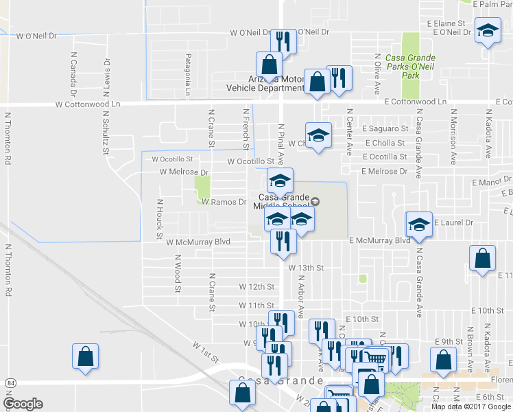 map of restaurants, bars, coffee shops, grocery stores, and more near 1442 North French Street in Casa Grande