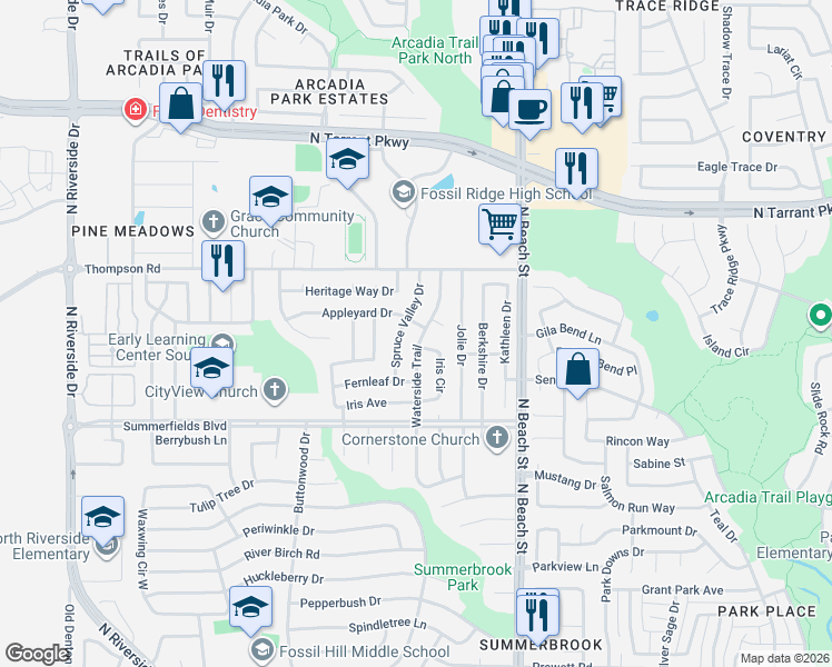 map of restaurants, bars, coffee shops, grocery stores, and more near 8141 Waterside Trail in Fort Worth