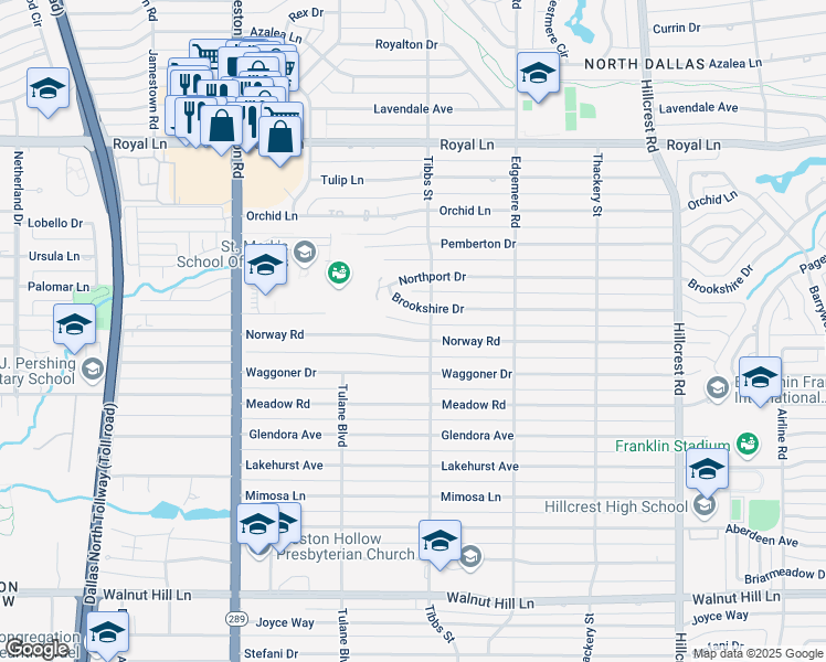 map of restaurants, bars, coffee shops, grocery stores, and more near 6340 Brookshire Drive in Dallas