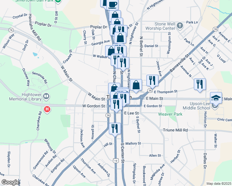 map of restaurants, bars, coffee shops, grocery stores, and more near 206 North Church Street in Thomaston