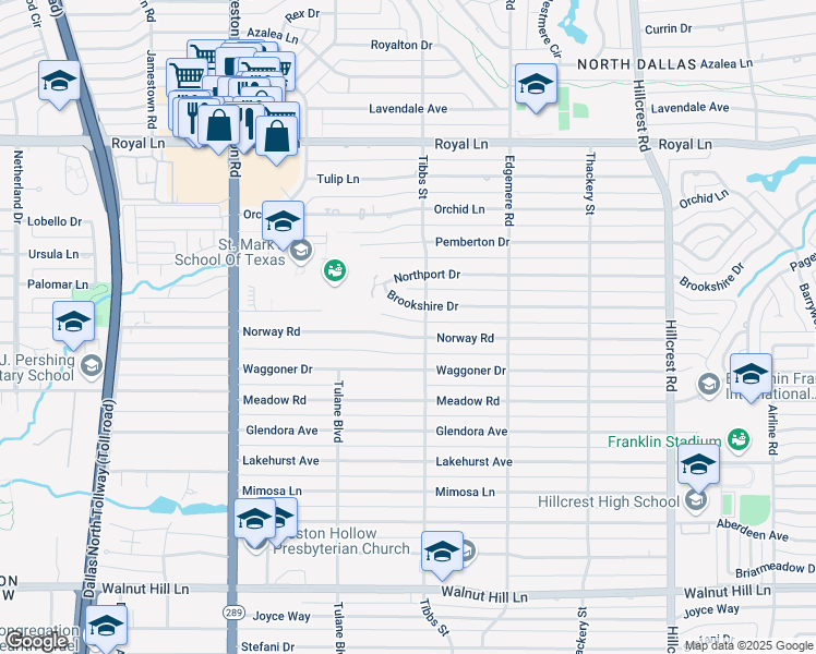 map of restaurants, bars, coffee shops, grocery stores, and more near 6340 Brookshire Drive in Dallas