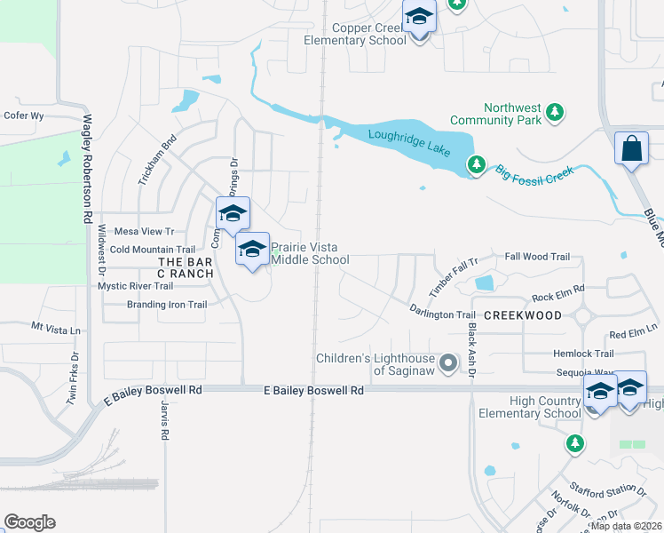 map of restaurants, bars, coffee shops, grocery stores, and more near 113 Mossy Oak Trail in Fort Worth