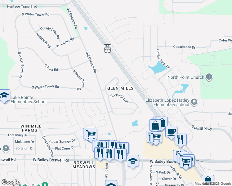 map of restaurants, bars, coffee shops, grocery stores, and more near 9109 Glen Mills Trail in Fort Worth