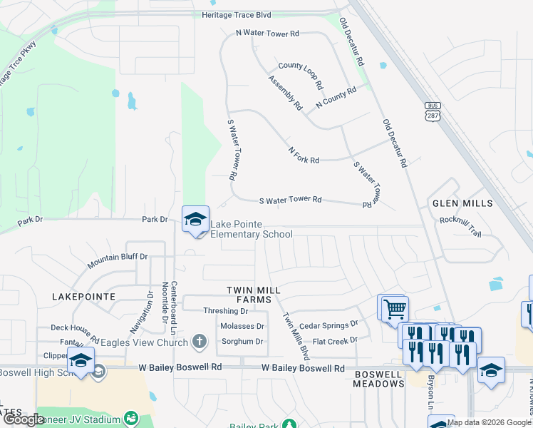 map of restaurants, bars, coffee shops, grocery stores, and more near 8900 South Water Tower Road in Fort Worth