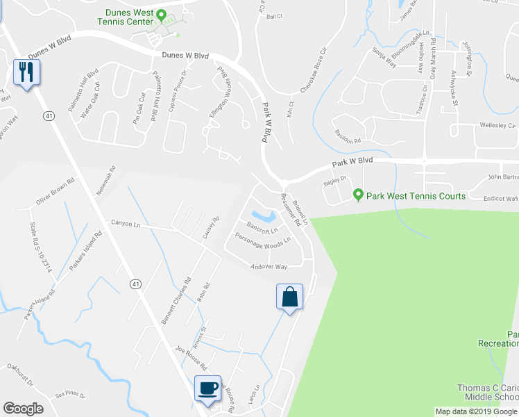 map of restaurants, bars, coffee shops, grocery stores, and more near 2019 Andover Way in Mount Pleasant