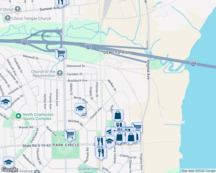 map of restaurants, bars, coffee shops, grocery stores, and more near 5061 Walker Street in North Charleston