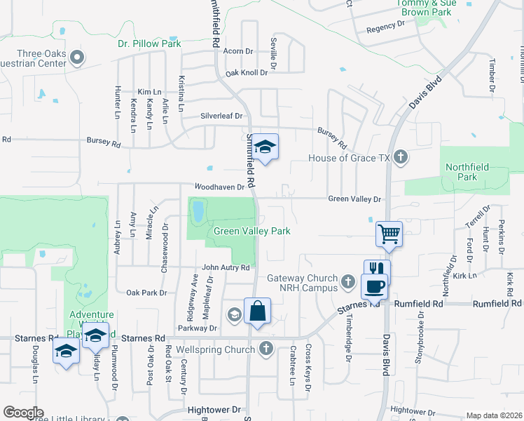 map of restaurants, bars, coffee shops, grocery stores, and more near 7747 Bridlewood Court in North Richland Hills