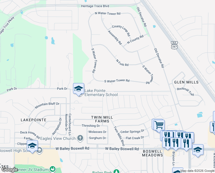 map of restaurants, bars, coffee shops, grocery stores, and more near 8900 South Water Tower Road in Fort Worth