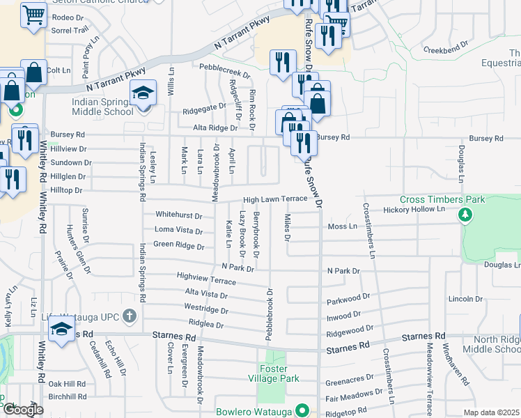 map of restaurants, bars, coffee shops, grocery stores, and more near 8032 Berrybrook Drive in Watauga