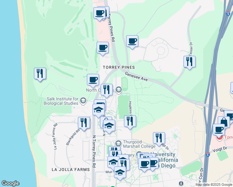 map of restaurants, bars, coffee shops, grocery stores, and more near 2 John Jay Hopkins Drive in San Diego