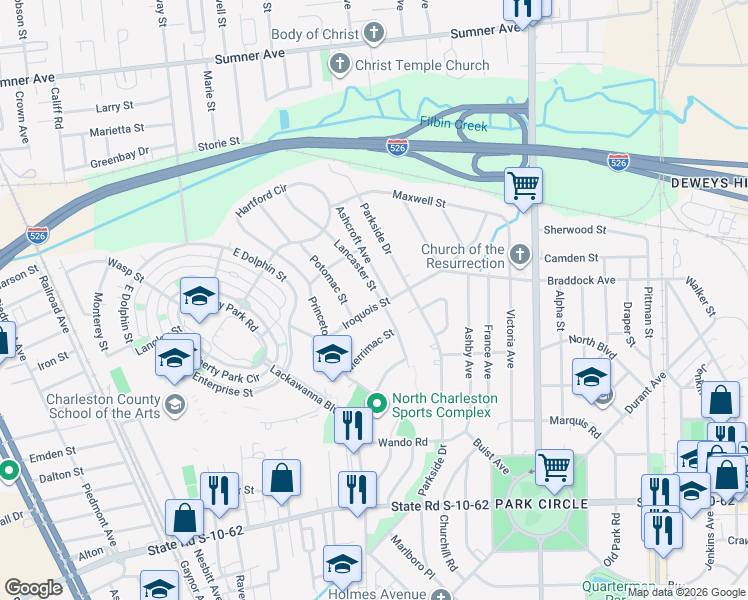 map of restaurants, bars, coffee shops, grocery stores, and more near 5101 Lancaster Street in North Charleston