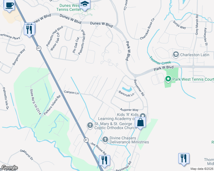 map of restaurants, bars, coffee shops, grocery stores, and more near 3041 Nye View Circle in Mount Pleasant