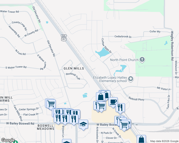 map of restaurants, bars, coffee shops, grocery stores, and more near 9212 North Saginaw Boulevard in Fort Worth
