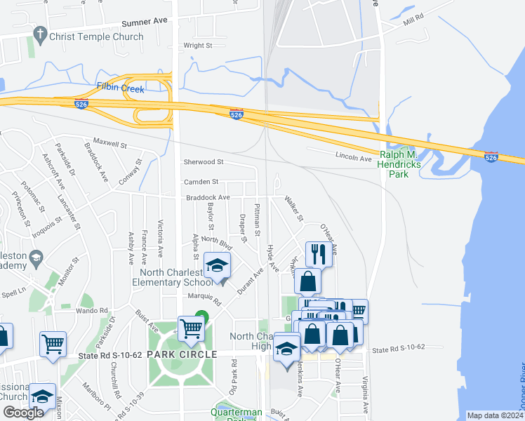 map of restaurants, bars, coffee shops, grocery stores, and more near 5084 Pittman Street in North Charleston