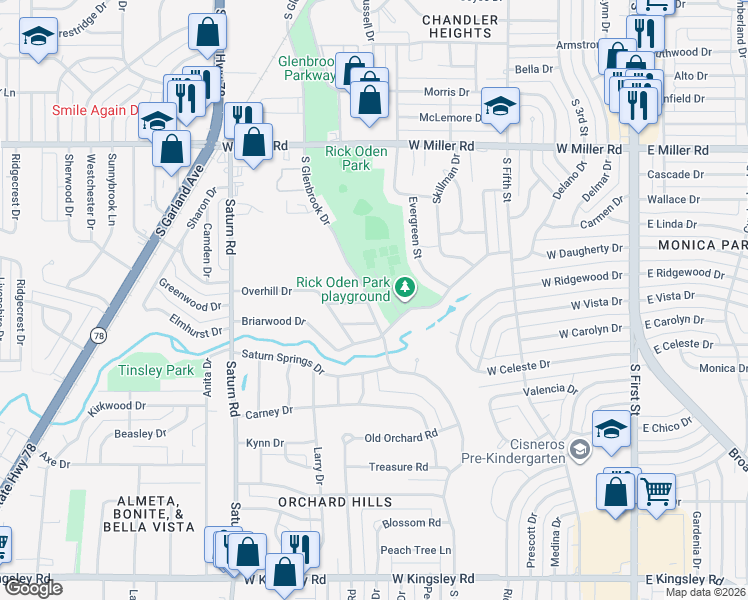 map of restaurants, bars, coffee shops, grocery stores, and more near 2402 South Glenbrook Drive in Garland